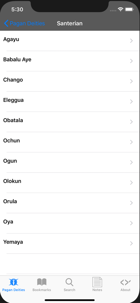 Pagan Deities - A list of Santerian deities like Chango and Obatala in the Pagan Deities app interface.
