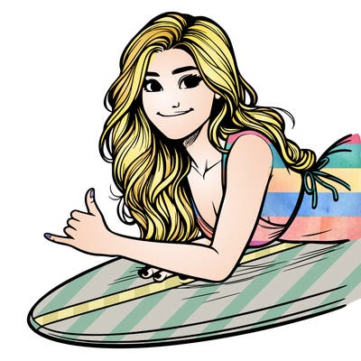 realistic girl, surfing