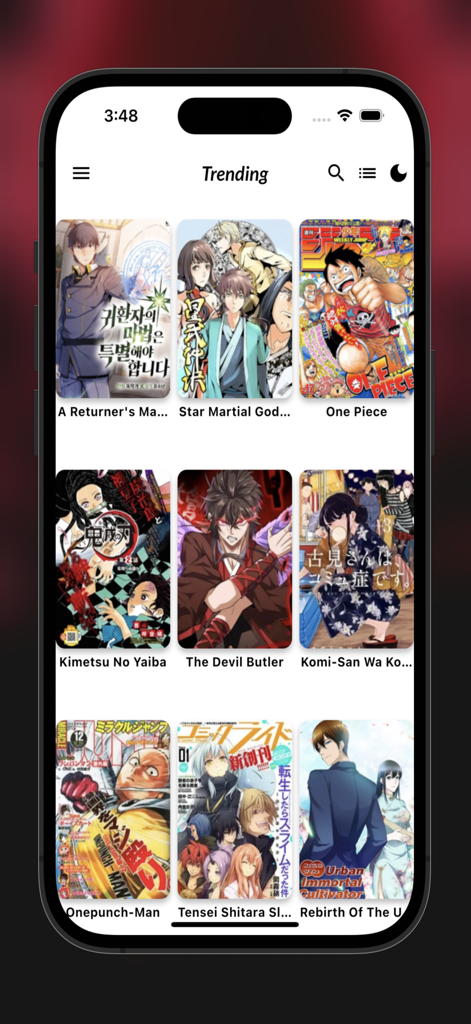 MangaGo - Ultimate Manga App - Trending screen of the MangaGo app featuring a grid of popular manga and manhwa titles