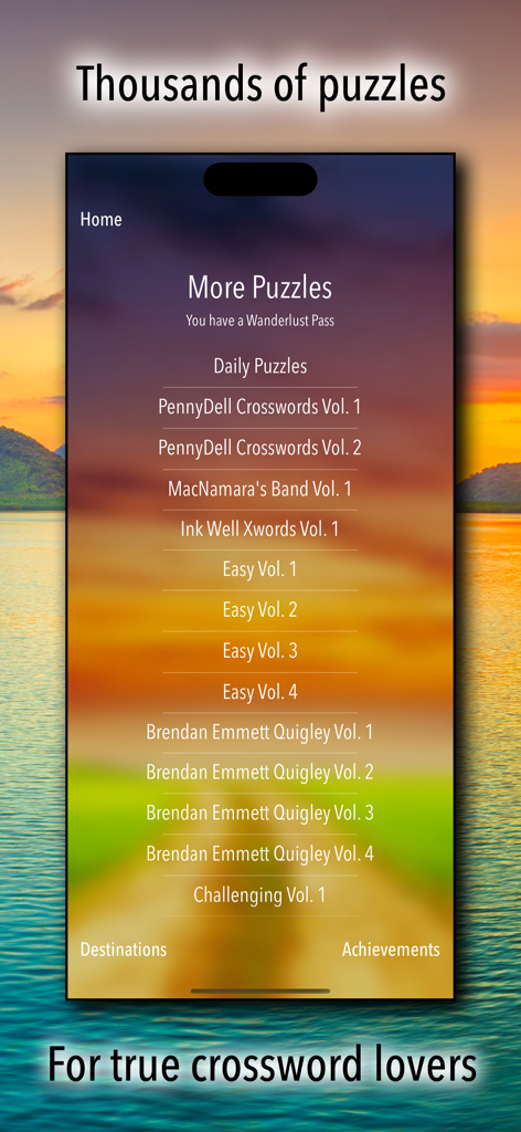 Crossword Puzzles! - A list of various crossword puzzle volumes and collections displayed over a beautiful sunset landscape background.