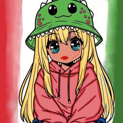 girl with anime shaped eyes with a dinosaur bucket hat oversized sweatshirt long straight hair