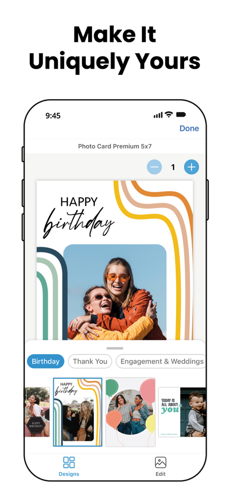 Photo Prints Now: CVS Photo - Interface for designing a personalized 5x7 birthday photo card in the CVS Photo app.
