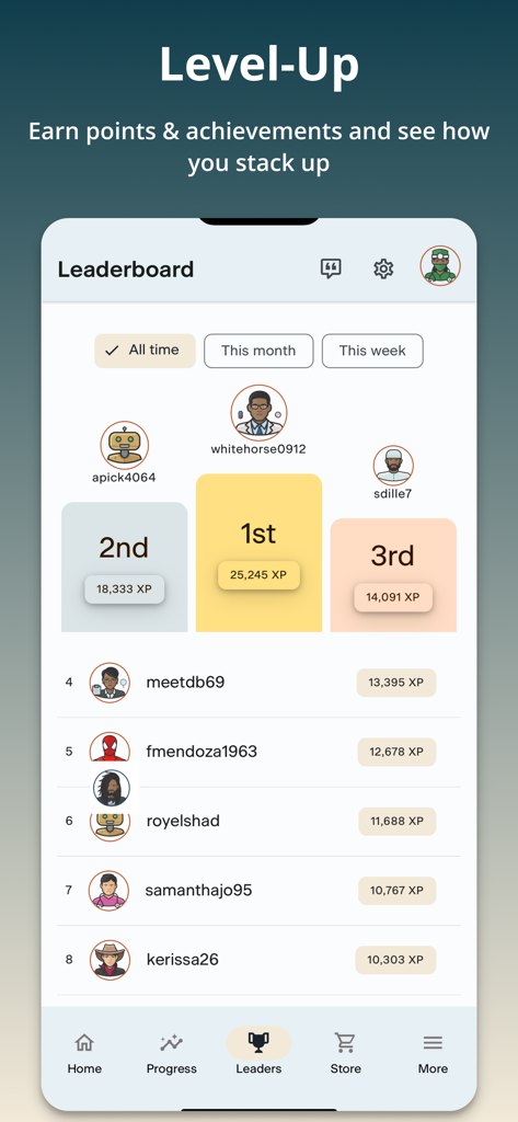 PSI Test Prep - PSI Test Prep app leaderboard showing user rankings and experience points for gamified learning.