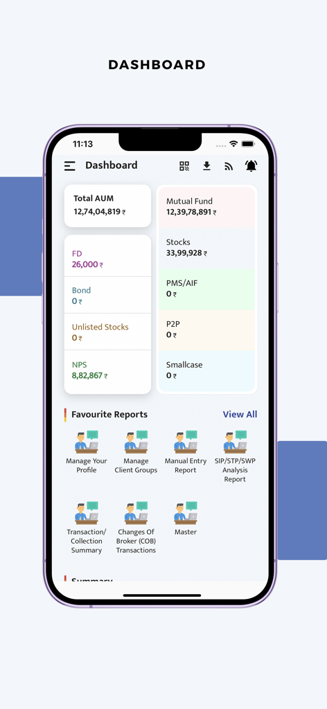 Prudent Partner Desk - Painel do aplicativo Prudent Partner Desk mostrando AUM total e atalhos de relatórios financeiros para consultores