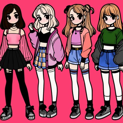 one girl with crop-top shirt and a jacket with a skirt, long socks and another girl with a shirt and pants with a jacket