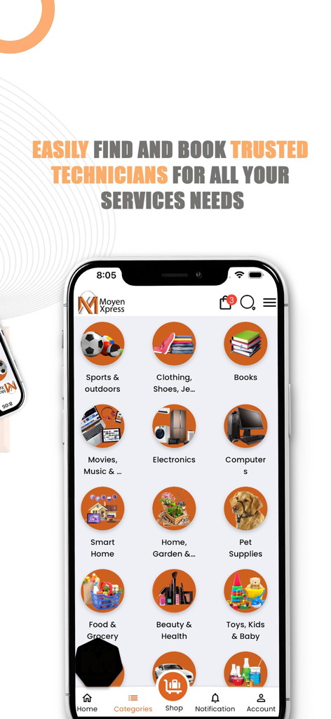 Moyen Xpress eコマースアプリの商品カテゴリを表示するスマートフォン画面