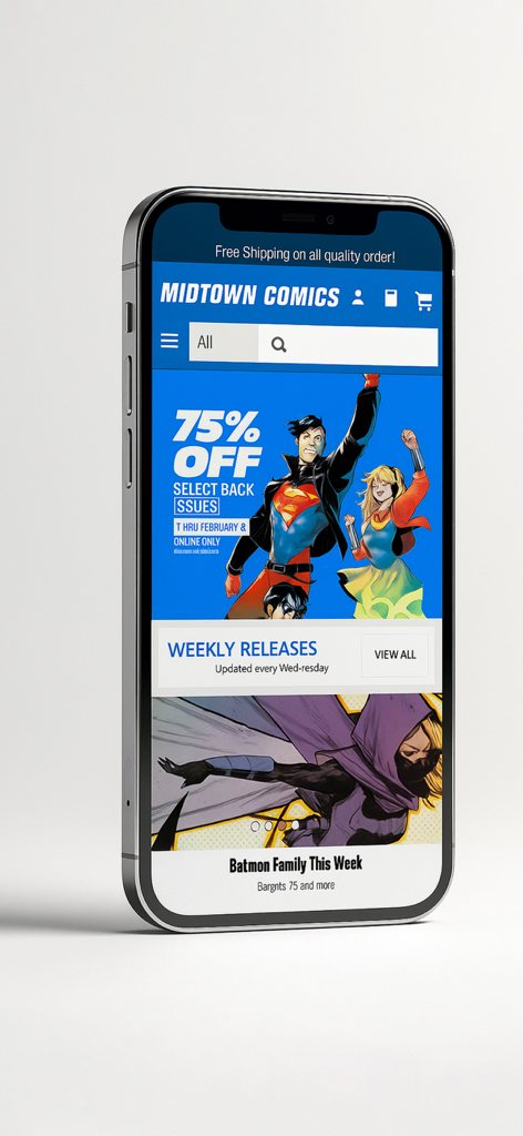 Midtown Comics - Smartphone screen showing the Midtown Comics app homepage with a comic book sale banner and weekly releases