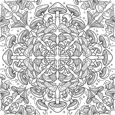 Unleash your creativity with this mesmerizing Kaleidoscope Mushrooms coloring page. Featuring an intricate, radially symmetrical design of various fungal forms, it offers a unique artistic challenge.
