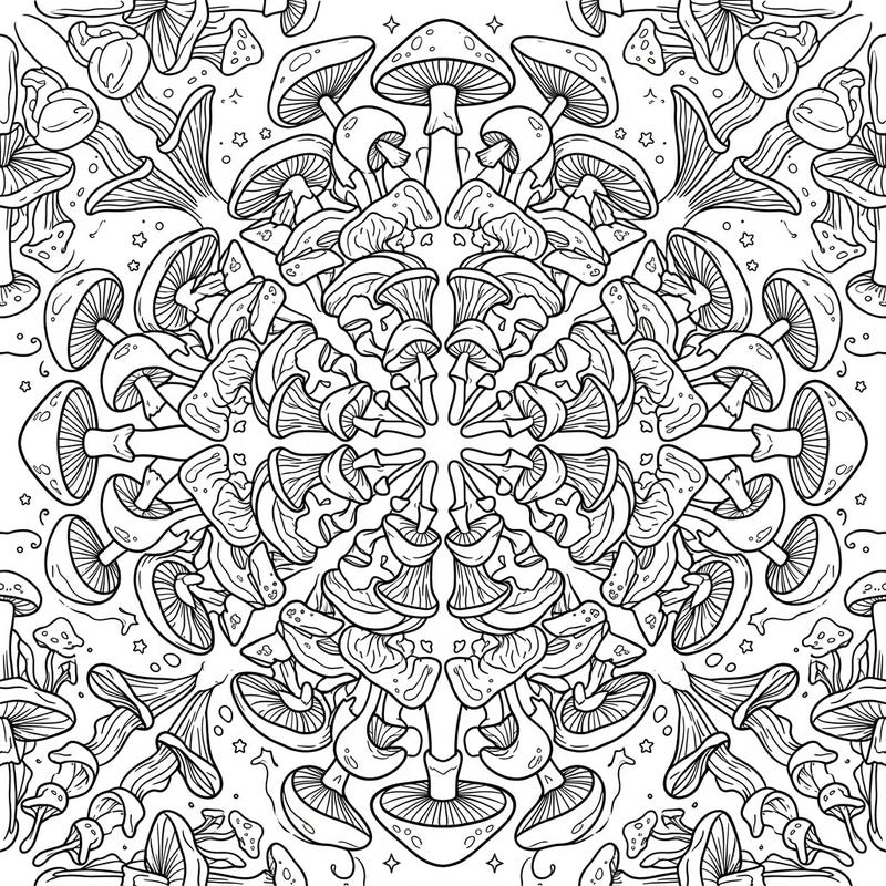 Unleash your creativity with this mesmerizing Kaleidoscope Mushrooms coloring page. Featuring an intricate, radially symmetrical design of various fungal forms, it offers a unique artistic challenge.