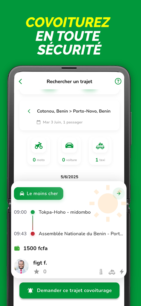 RMobility Afrique - RMobility Afrique App-Bildschirm, der eine Mitfahrgelegenheitssuche von Cotonou nach Porto-Novo in Benin mit Fahrpreisdetails zeigt