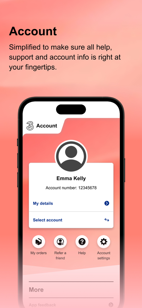 Schermata dell'account dell'app Three che mostra i dettagli del profilo e collegamenti rapidi per ordini e supporto