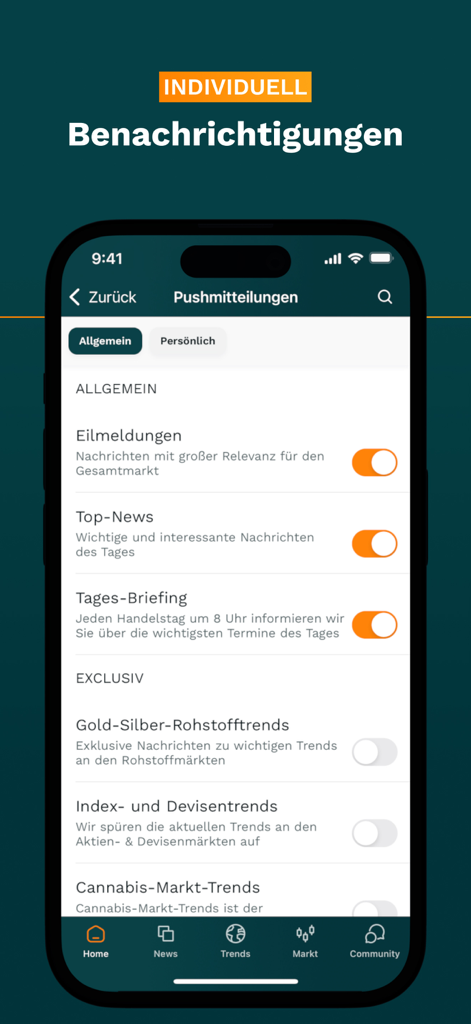 wallstreet online Stock Market - Interface of the wallstreetONLINE app showing customizable push notification settings for market news and financial trends