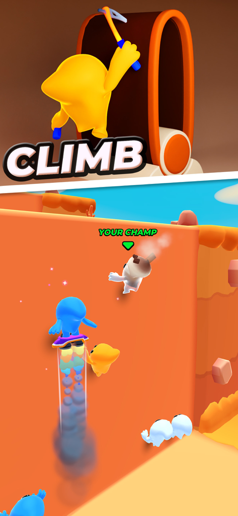 Pocket Champs PVP Racing Games - Personagens em Pocket Champs usando picaretas e gadgets de escalada para correr para cima de uma parede.