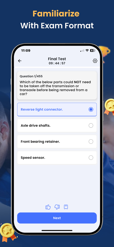 Smartphone display showing a mock ASE exam question with multiple choice answers for automotive technician certification.