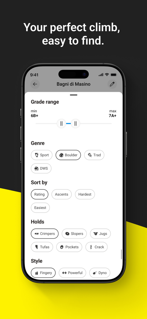 Rock Climbing Guide | 27 Crags - A smartphone screen showing search filters for climbing routes by grade range genre and style in the 27 Crags app