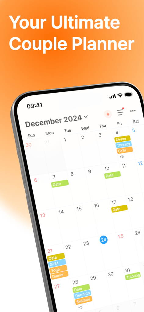 Signaling: Calendar for Couple - Uma visualização de calendário mensal no aplicativo Signaling mostrando eventos e atividades compartilhados do casal, como encontros e jantares.