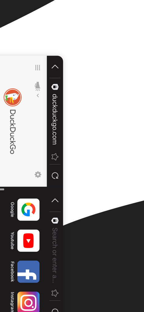 Split Screen - Multitasking - Una interfaz móvil que muestra una pantalla dividida con búsqueda de DuckDuckGo y accesos directos a redes sociales