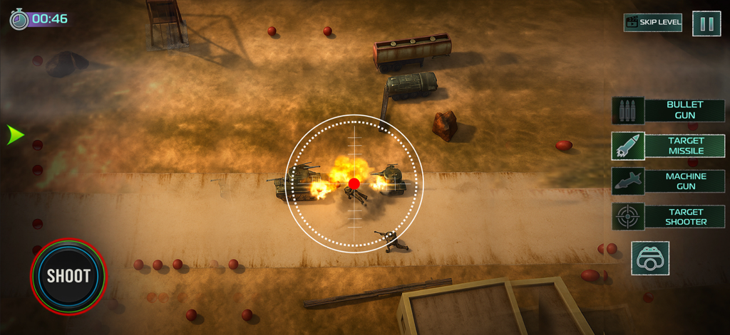 Drone Attack: War Drone Games - Vista de juego desde arriba de un ataque aéreo de dron contra tanques enemigos en una zona de guerra desértica con una mira de precisión.