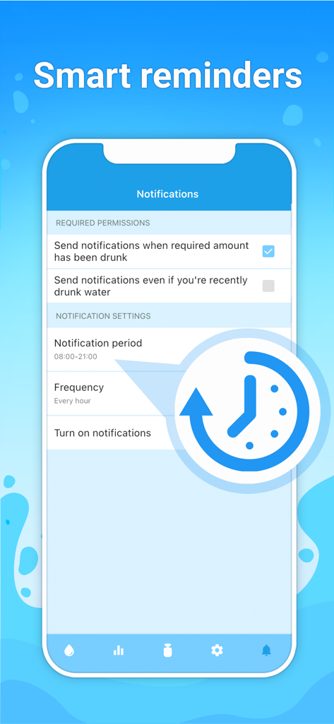 Watercat: drink reminder - Smartphone screen showing smart notification settings in the Watercat drink reminder app