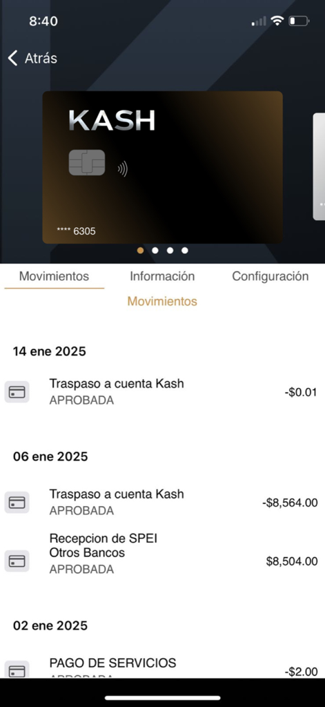 Interfaz de la app Mi KASH que muestra una lista del historial de transacciones y una tarjeta de pago digital