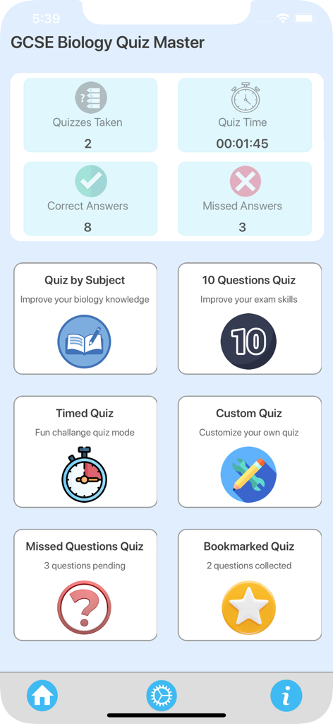 GCSE Biology Quiz Master - Dashboard of GCSE Biology Quiz Master app showing quiz statistics and various study modes