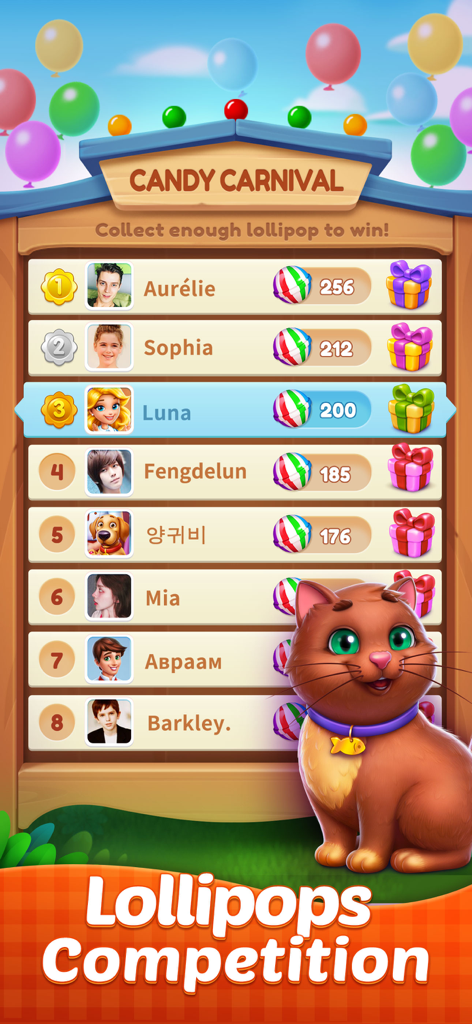 Candy Sweet Legend - Match 3 - Candy Sweet Legend leaderboard for the Lollipops Competition featuring player rankings and a cartoon cat mascot