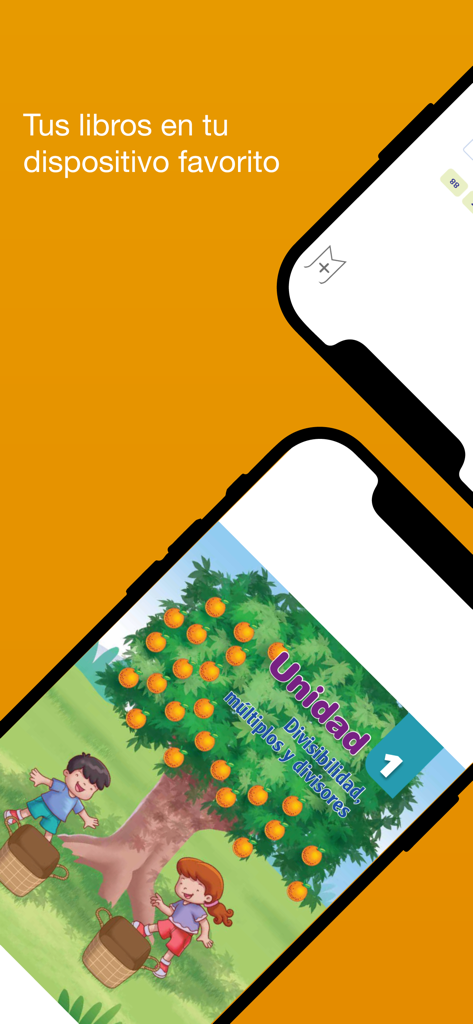 ese digital - Two mobile phone screens showing the ese digital app with a Spanish math textbook cover featuring a colorful illustration of children and an orange tree