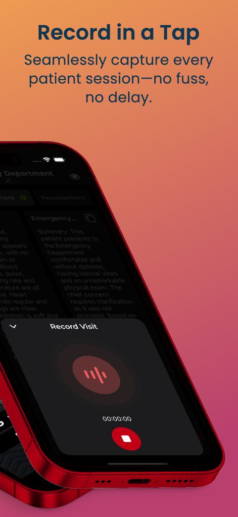 Document Medical - La aplicación Document Medical muestra la función de grabación de voz con un toque para sesiones clínicas con pacientes en un iPhone.