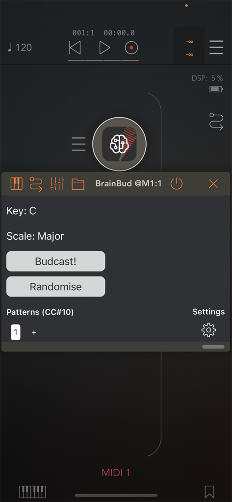 BrainBud - Bud App Controller - Interfaz del controlador MIDI BrainBud mostrando ajustes de Tecla C y Escala Mayor