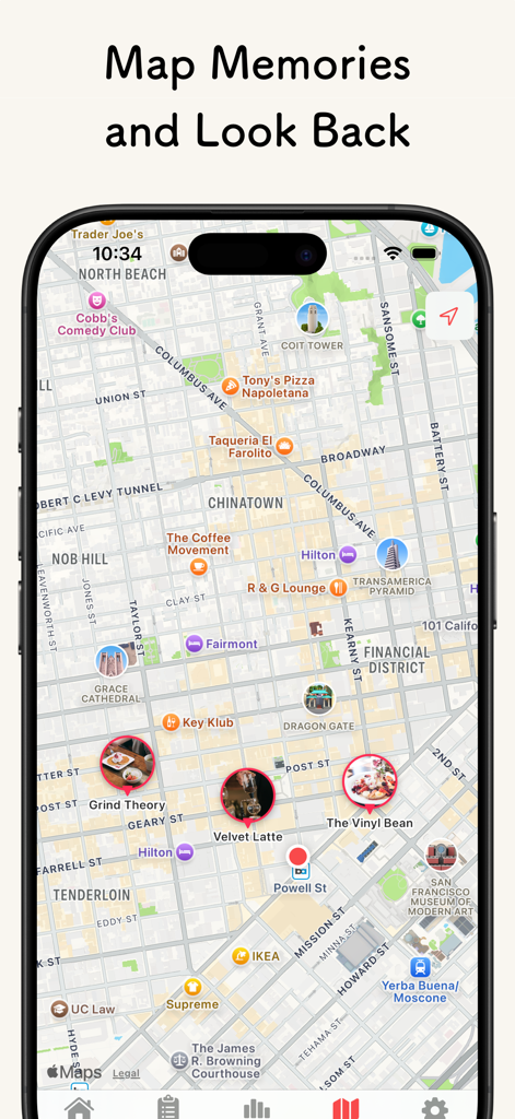 Sweetory - Log your sweets - A mobile phone screen displaying a city map with photo pins of various desserts at different cafe locations