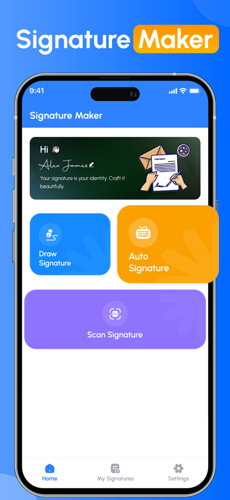 Signature Maker app dashboard with options to draw auto generate or scan a signature