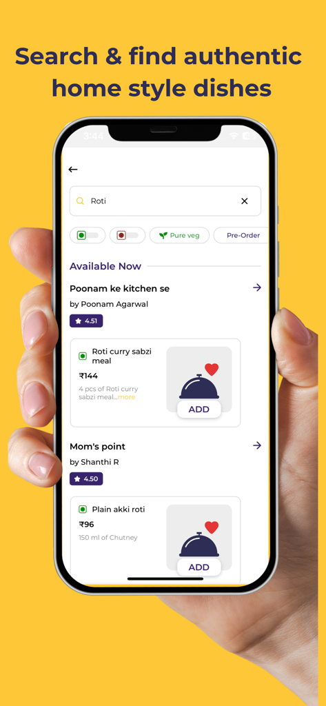 Homeal - Homeal app interface showing search results for authentic home style dishes like roti and curry
