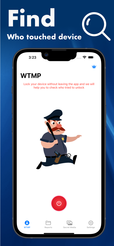 Tela inicial do aplicativo WTMP com um personagem de policial e botão de rastreamento de intrusos