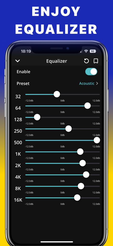 FM Radio Tuner live Player app - Pantalla de configuración del ecualizador de la aplicación FM Radio Tuner mostrando controles deslizantes de frecuencia ajustables y preajuste acústico.