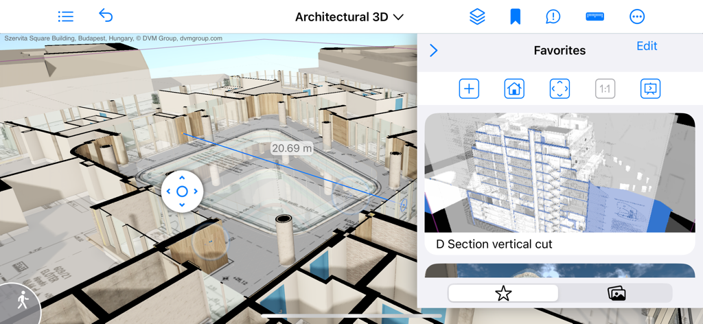 Interfaz de la aplicación BIMx que muestra un modelo arquitectónico 3D con una herramienta de medición activa.