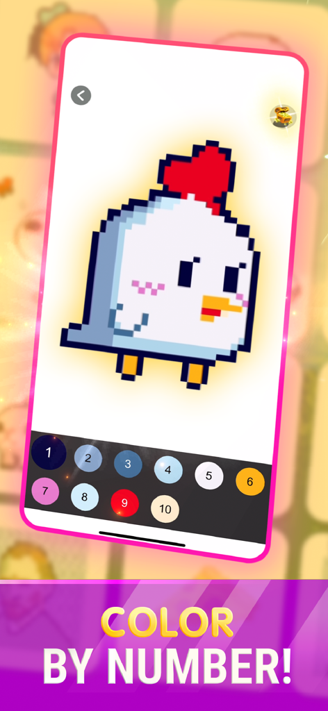 Color by number game screen showing a pixel art chicken