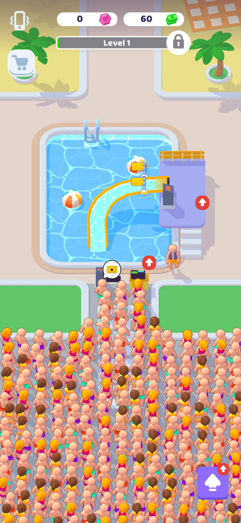 My Aquapark: Idle Water Empire - Top down view of a large crowd of guests waiting in line for a water slide in My Aquapark