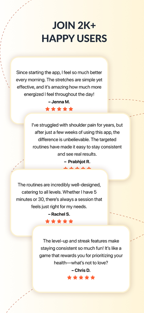 Stretch Reminder AI & Pilates - Positive user testimonials and five star ratings for Stretch Reminder AI and Pilates app
