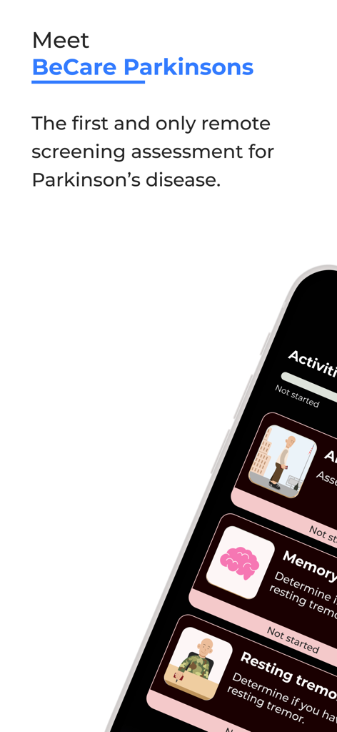 BeCare Parkinson's app interface for remote neurological screening and symptom tracking.