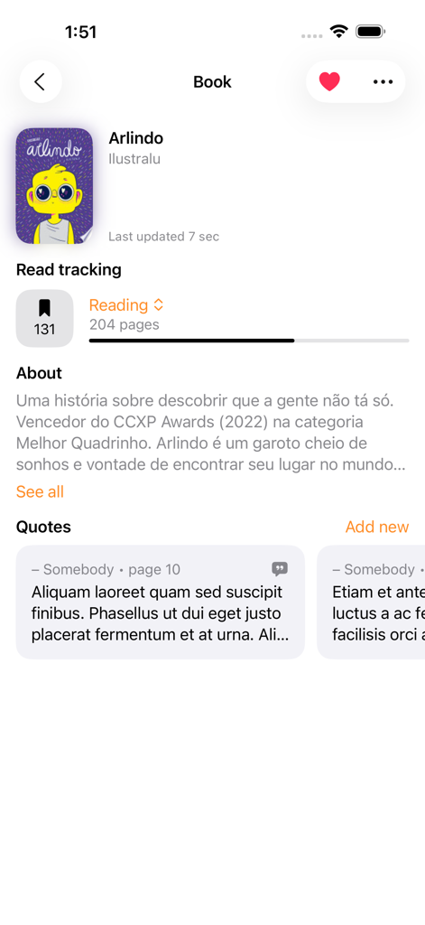 Lesezeichen-App-Oberfläche, die Buchdetails, Lesefortschritt und gespeicherte Zitate anzeigt