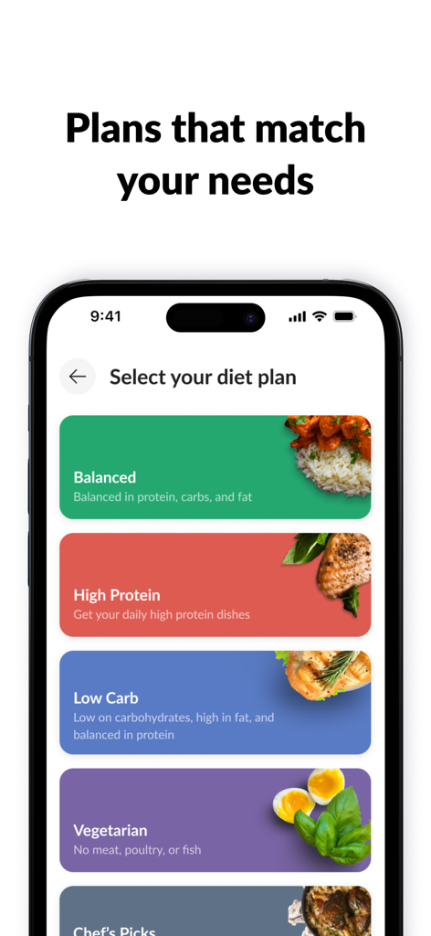 Calo app interface showing diet plan selections including Balanced High Protein Low Carb and Vegetarian options