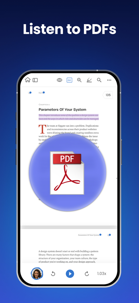 NaturalReader - Text To Speech - Smartphone che mostra l'app NaturalReader che legge un documento PDF ad alta voce