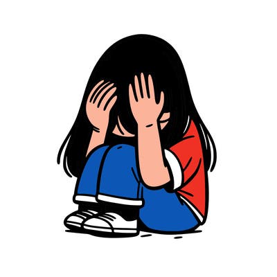 girl sitting down covering her head