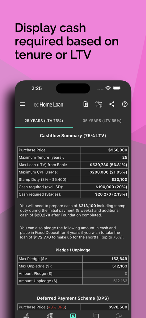 Singapore Home Loan Calculator - Singapore Home Loan Calculator app screen showing detailed cashflow summary and LTV options