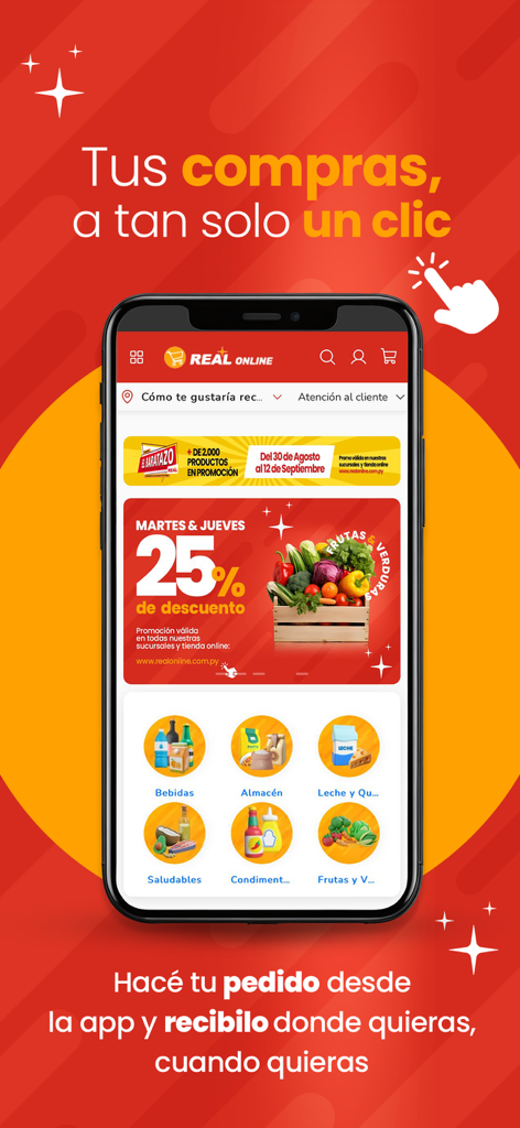 Real online - Interface de l'application Real Online montrant les catégories d'épicerie et une promotion de 25 % de réduction sur les produits frais.