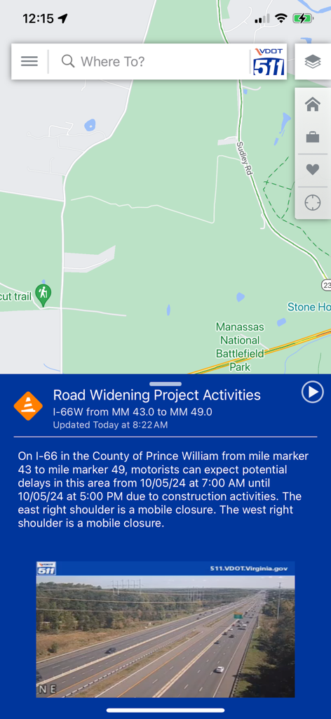 VDOT 511 Virginia Traffic app map screen with a construction alert and live highway camera feed