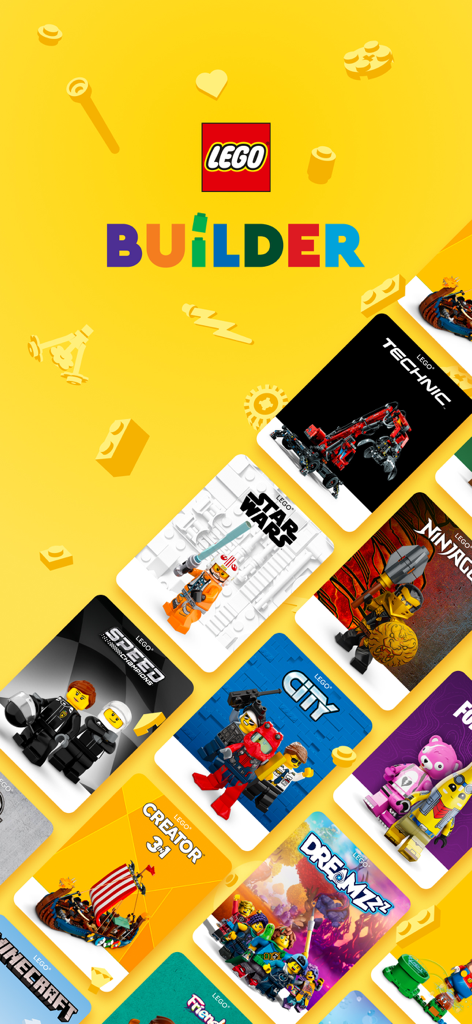 LEGO Builder app splash screen showing various LEGO theme cards including Star Wars and Technic