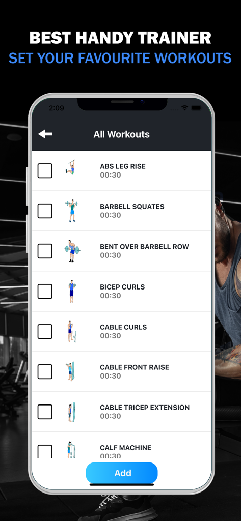 Gym Workout Daily Exercises - Gym Workout Daily Exercises app screen where users select movements like squats and curls to build a custom workout