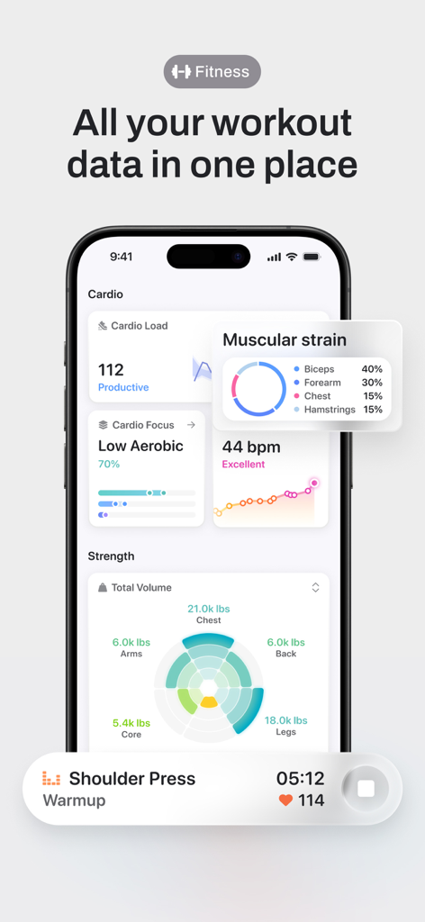 Bevel: All-In-One Health App - Bevel fitness app showing cardio and strength training analytics on a smartphone screen.