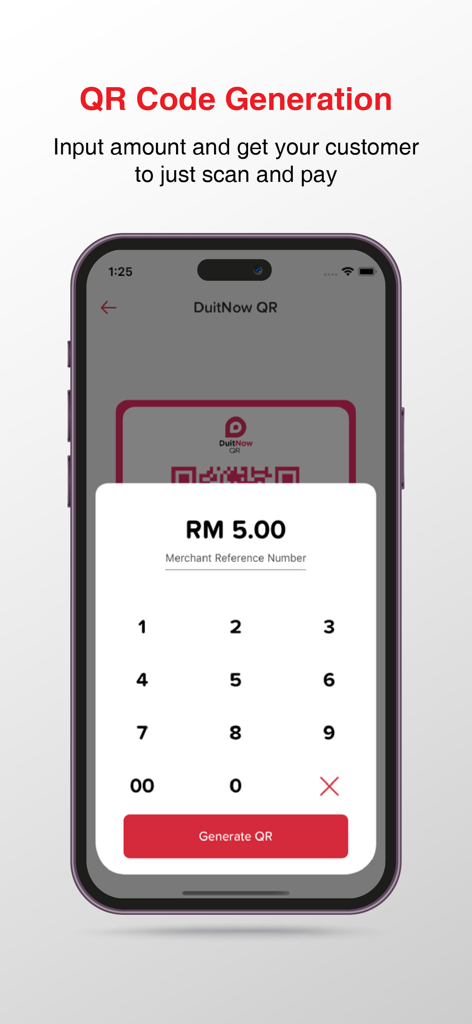 PB QR - PB QR app screen showing the interface for entering a payment amount to generate a DuitNow QR code